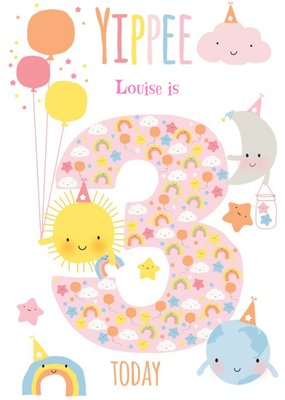 Cute Sun Cloud Rainbow Moon World Personalised Happy 3rd Birthday Card