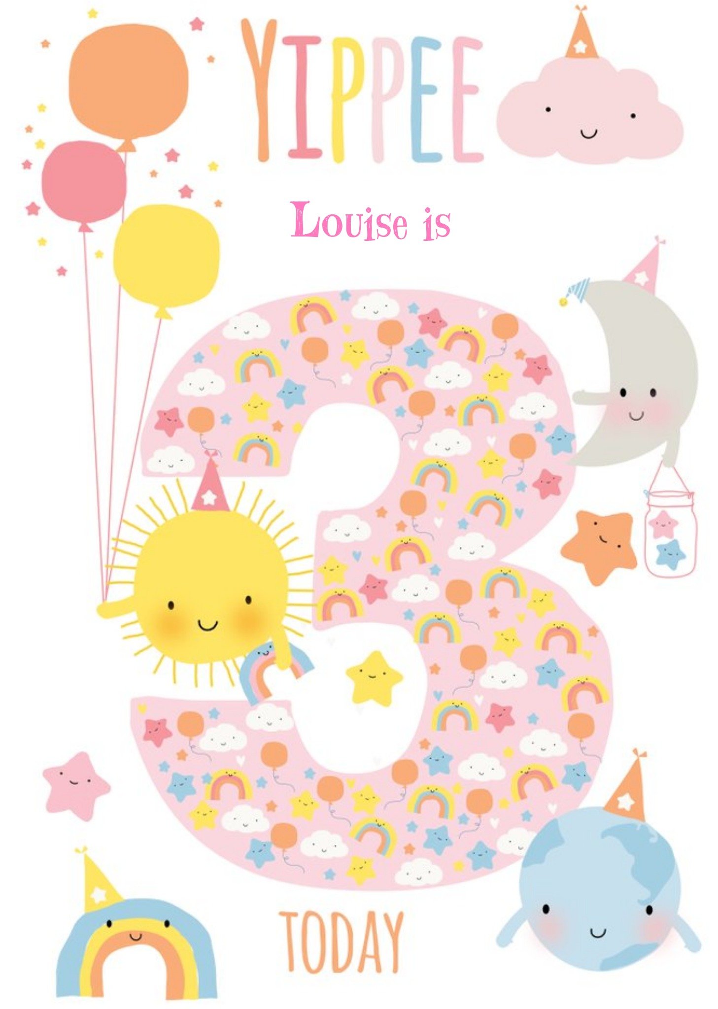 Cute Sun Cloud Rainbow Moon World Personalised Happy 3rd Birthday Card Ecard