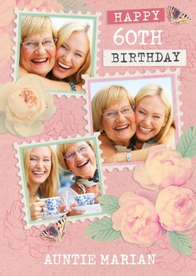 Floral 60th Birthday Photo Upload Card For Auntie