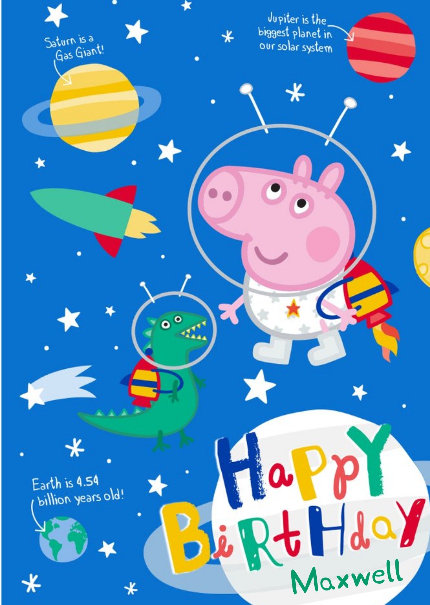 Peppa Pig In Space Personalised Name Birthday Card, Large