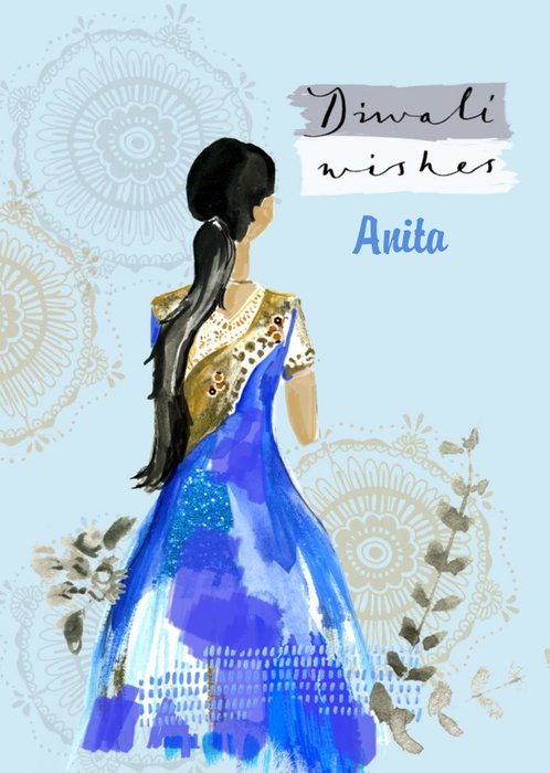Blue Dress And Patterns Personalised Happy Diwali Card