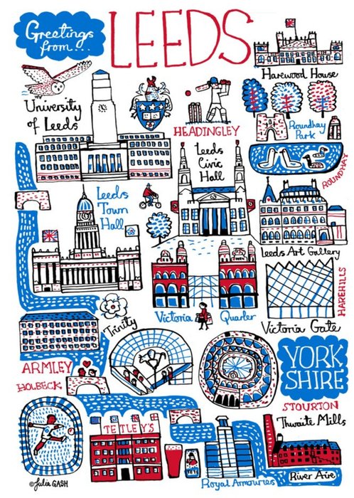 Illustrated Scenic Map Greetings From Leeds Card