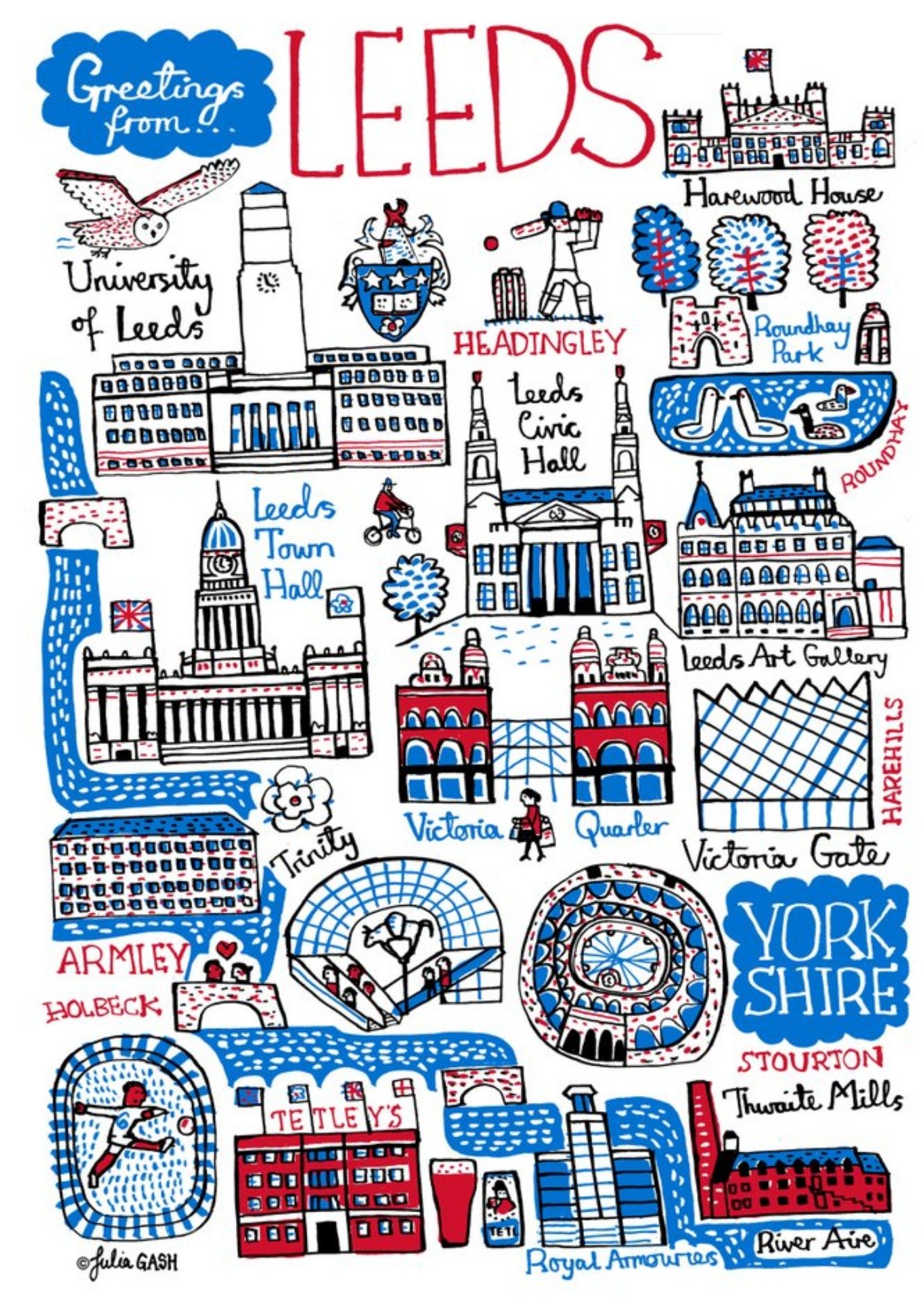 Moonpig Illustrated Scenic Map Greetings From Leeds Card Ecard