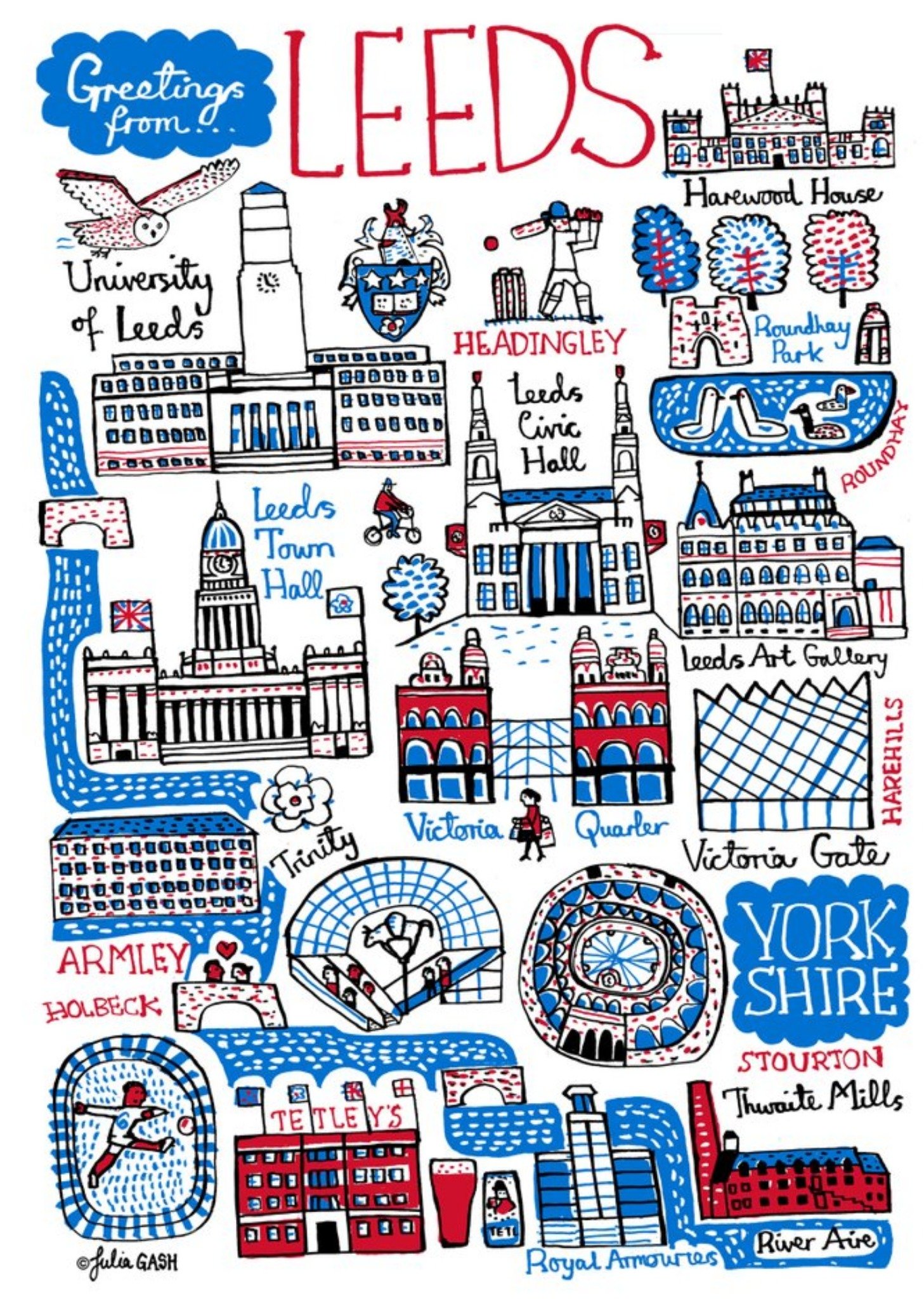 Illustrated Scenic Map Greetings From Leeds Card Ecard