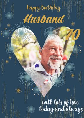Illustrated Gold Patterns Heart Photo Upload Husband 70th Birthday Card