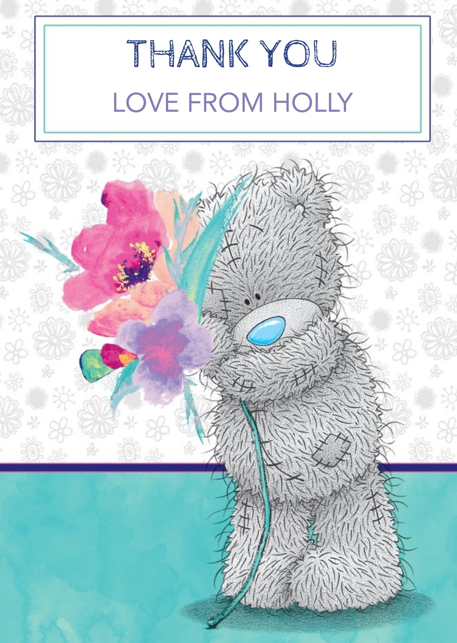 Me To You Tatty Teddy With Bouquet Personalised Thank You Card