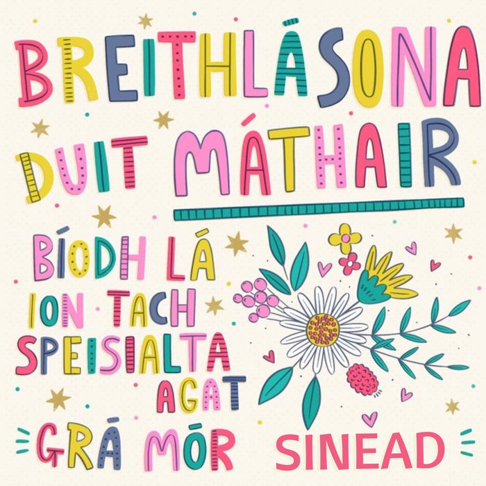 Typographic Gaelic Lá Breithe Sona Duit Máthair Birthday Card