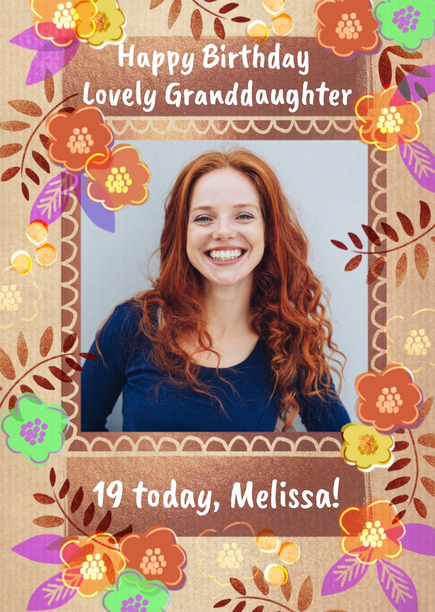 Bright Floral Pattern Lovely Granddaughter Photo Upload 19th Birthday Card Ecard