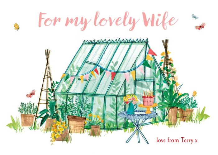 Traditional Illustrated Greenhouse In The Garden Personalised Wife Birthday Card