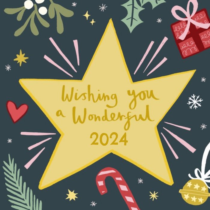 Wishing Star With Festive Decorations Illustration Personalised Text New Year Card