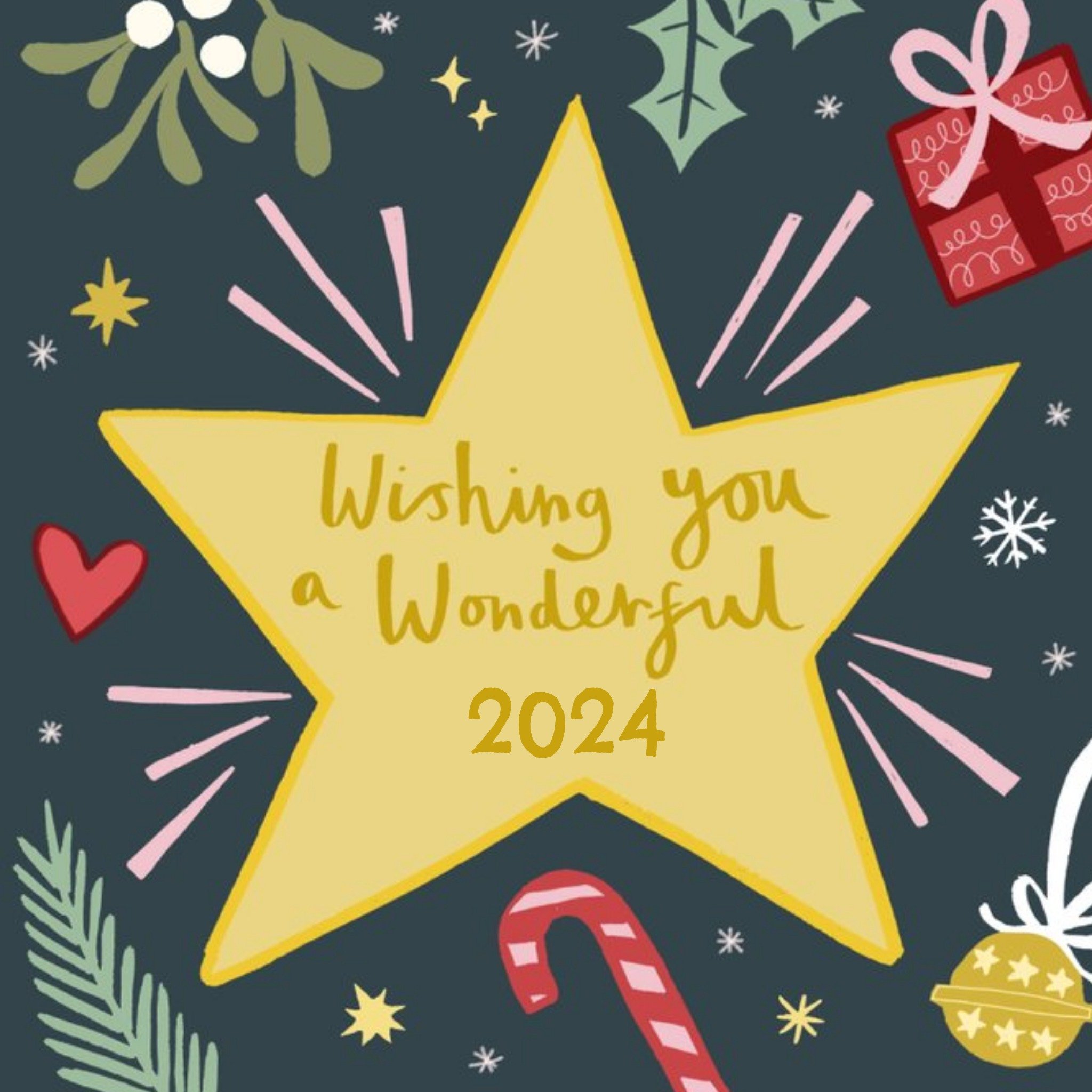 Moonpig Wishing Star With Festive Decorations Illustration Personalised Text New Year Card, Square