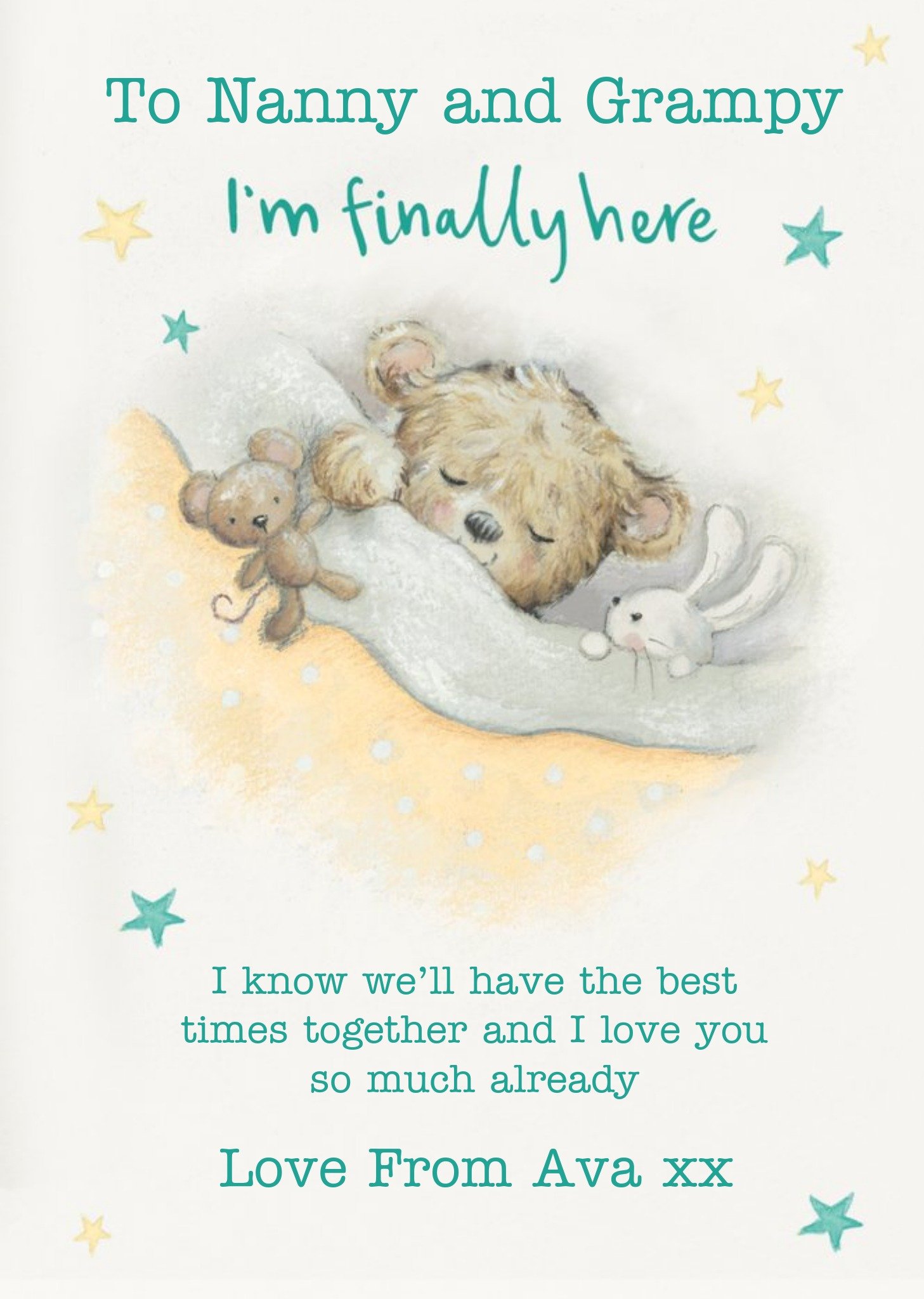 Moonpig Illustrated Teddy Bear Customisable I'm Finally Here Card Ecard