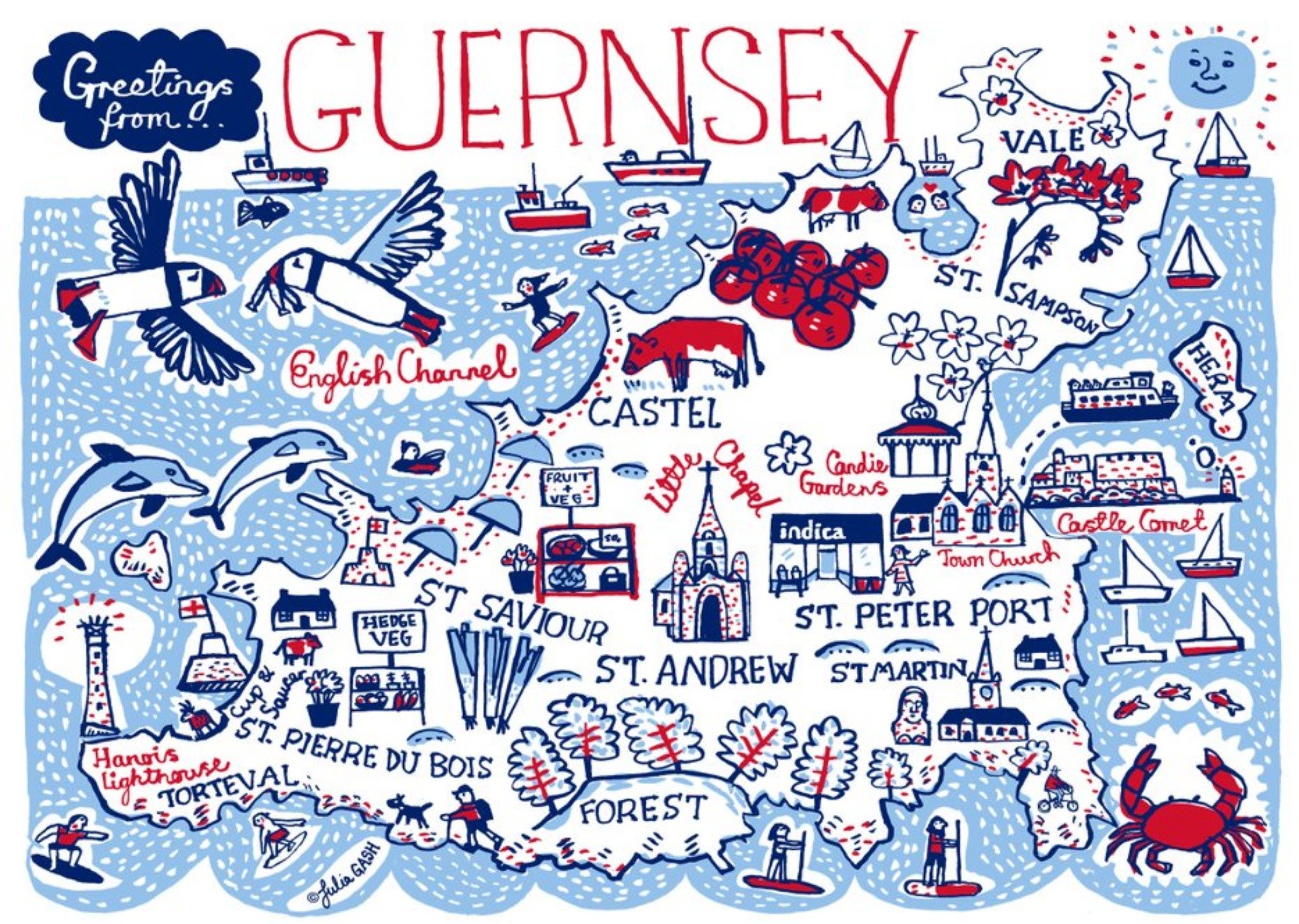 Moonpig Illustrated Greetings From Guernsey Map Card, Large