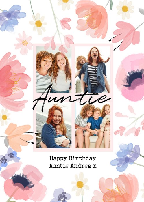 Four Photo Frames Surrounded By Colourful Watercolour Flowers Auntie's Photo Upload Birthday Card