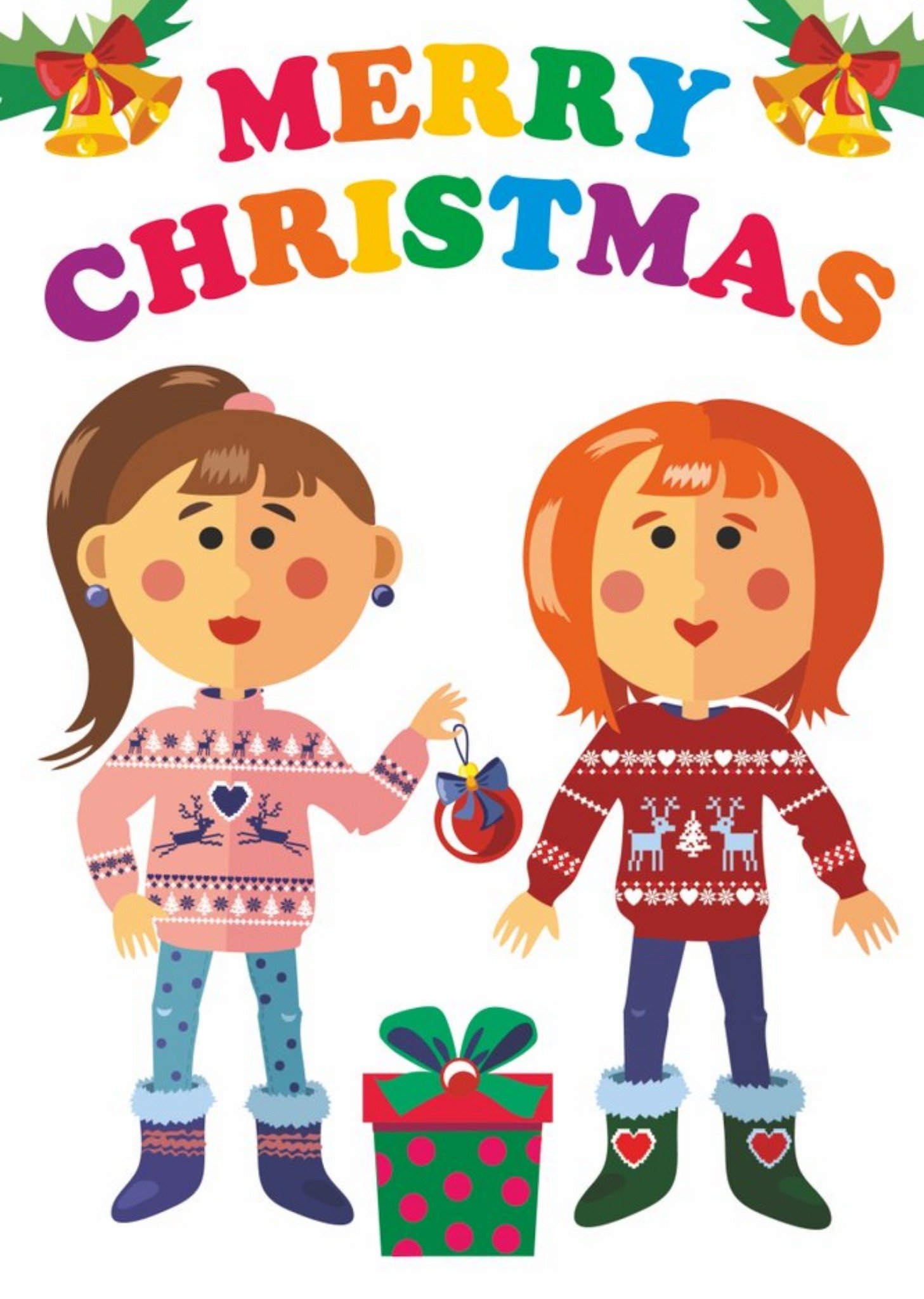 Cute Illustrated Two Females One I Love Christmas Card Ecard