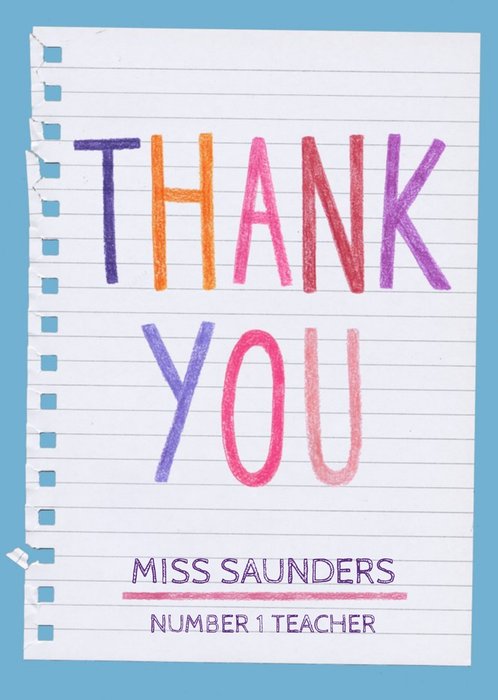 Colourful Lettering Personalised Thank You Teacher Card