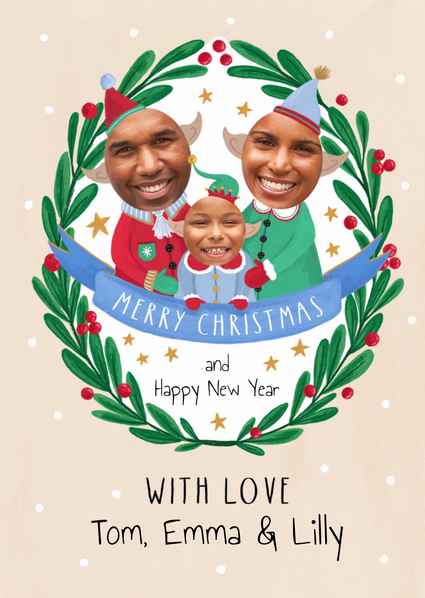 Moonpig Sweet Illustrated Family Of Elves Christmas Wreath Photo Upload Christmas Card, Large