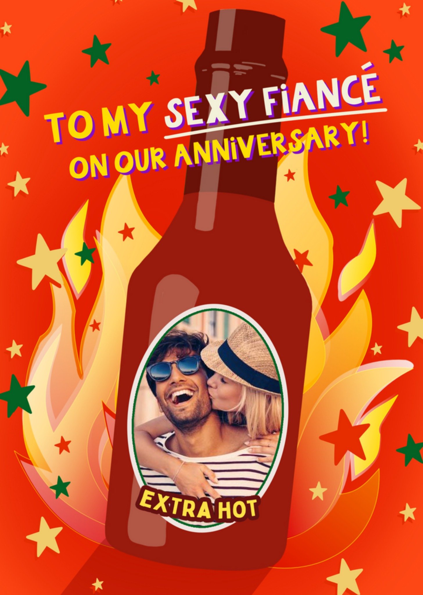 Illustration Of A Bottle Of Hot Sauce On Fire Fiancé's Photo Upload Anniversary Card Ecard