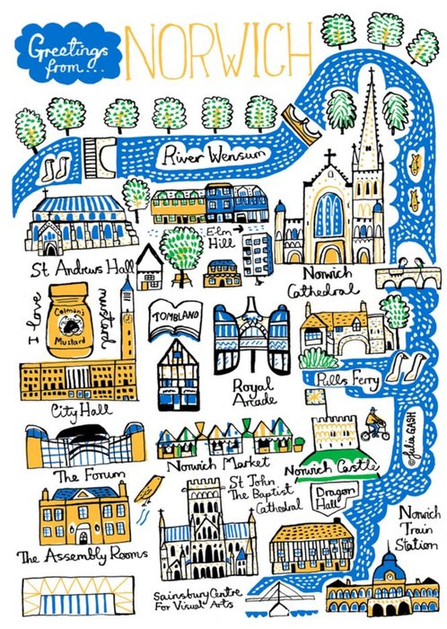 Illustrated Scenic Map Greetings From Norwich Card