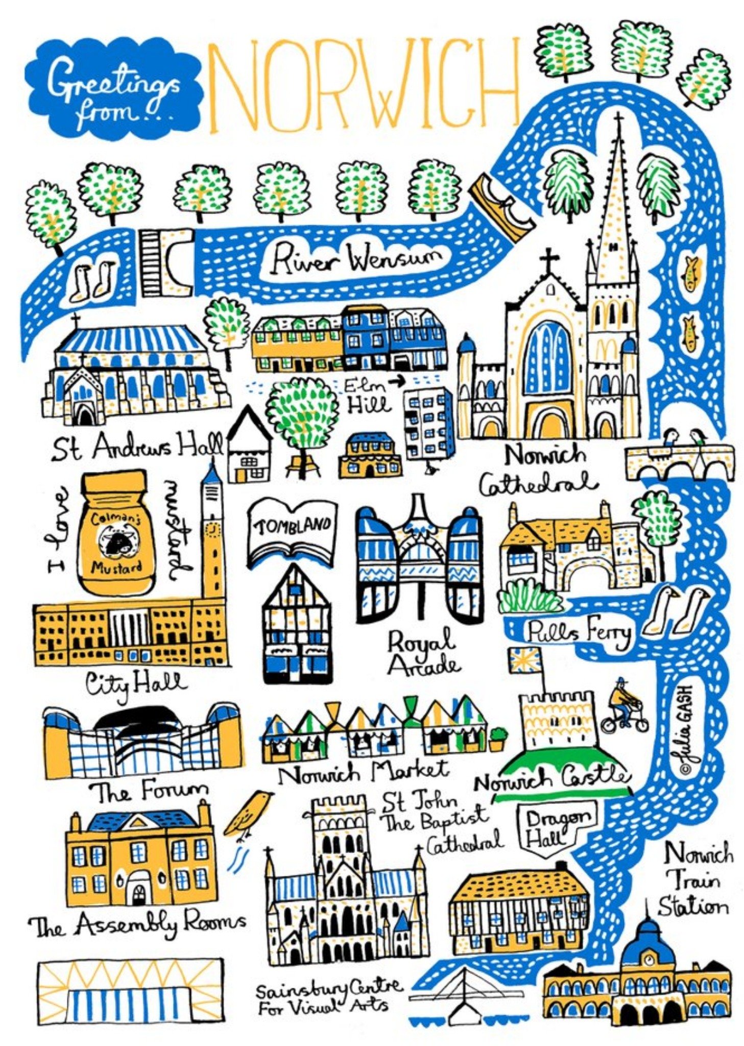 Illustrated Scenic Map Greetings From Norwich Card Ecard