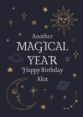 Mystical Astrological Planets Stars And Crescent Moon Birthday Card