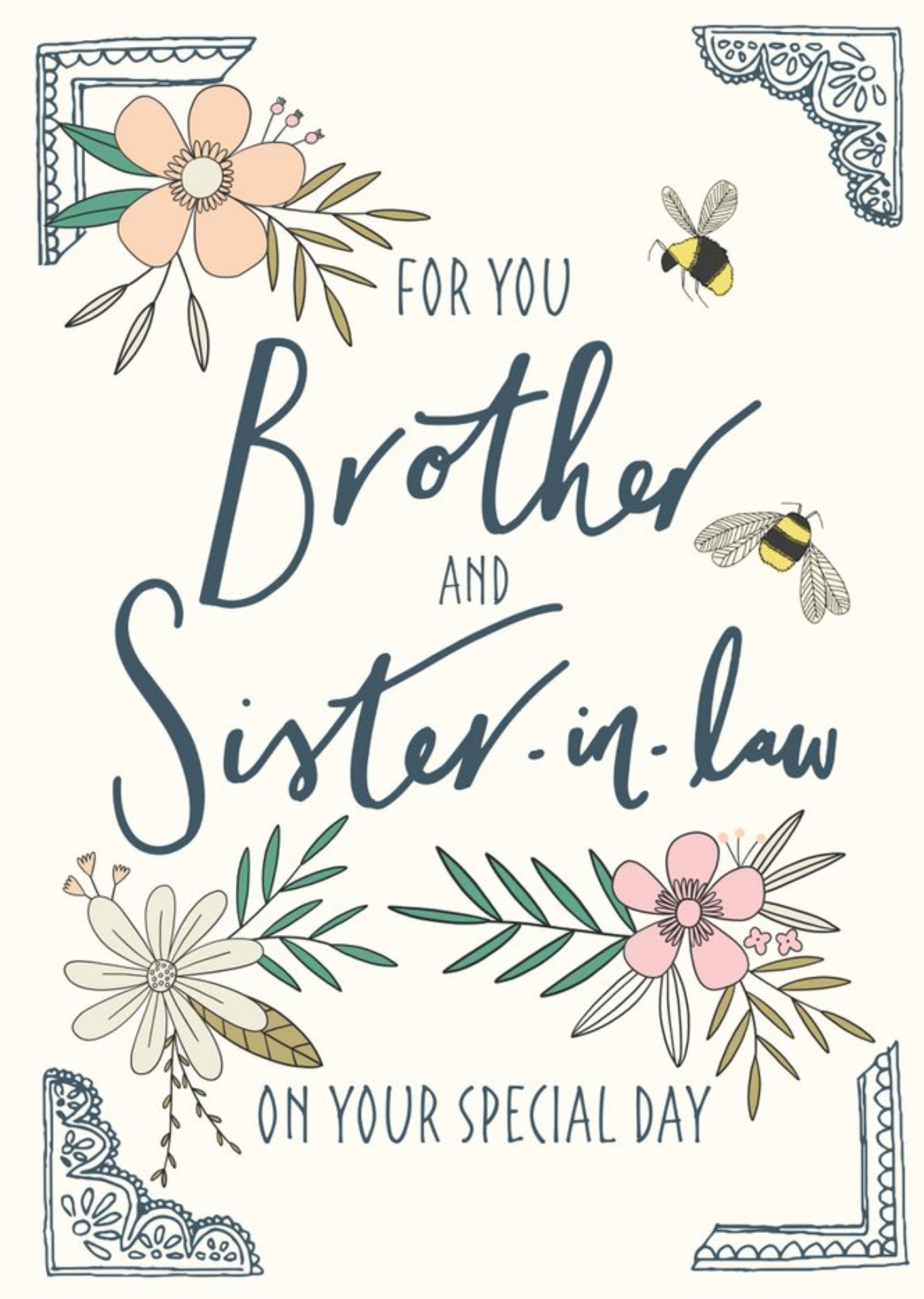 Floral Wedding Cards - Brother And Sister-In-Law - Traditional Flowers And Bumblebee