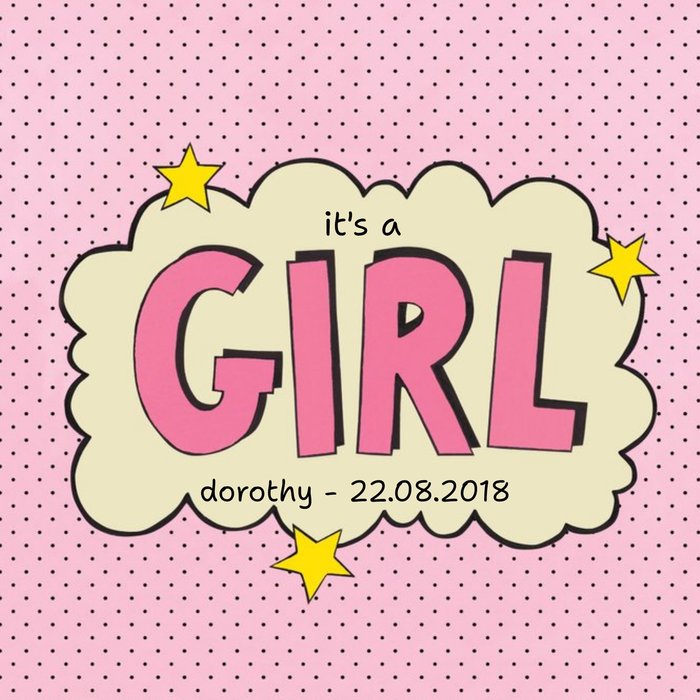 It's A Girl Pink Comic Personalised New Baby Girl Card