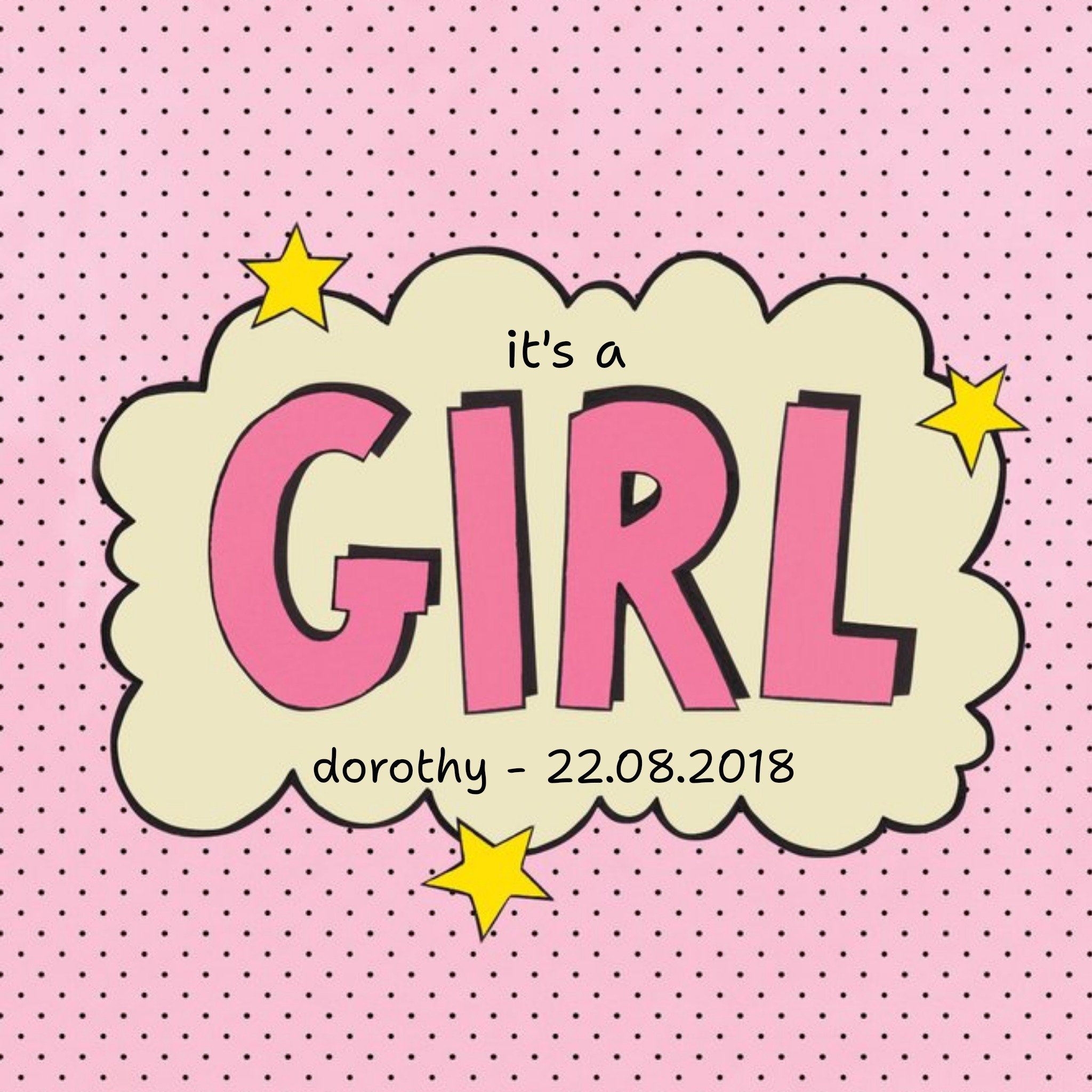 It's A Girl Pink Comic Personalised New Baby Girl Card, Square