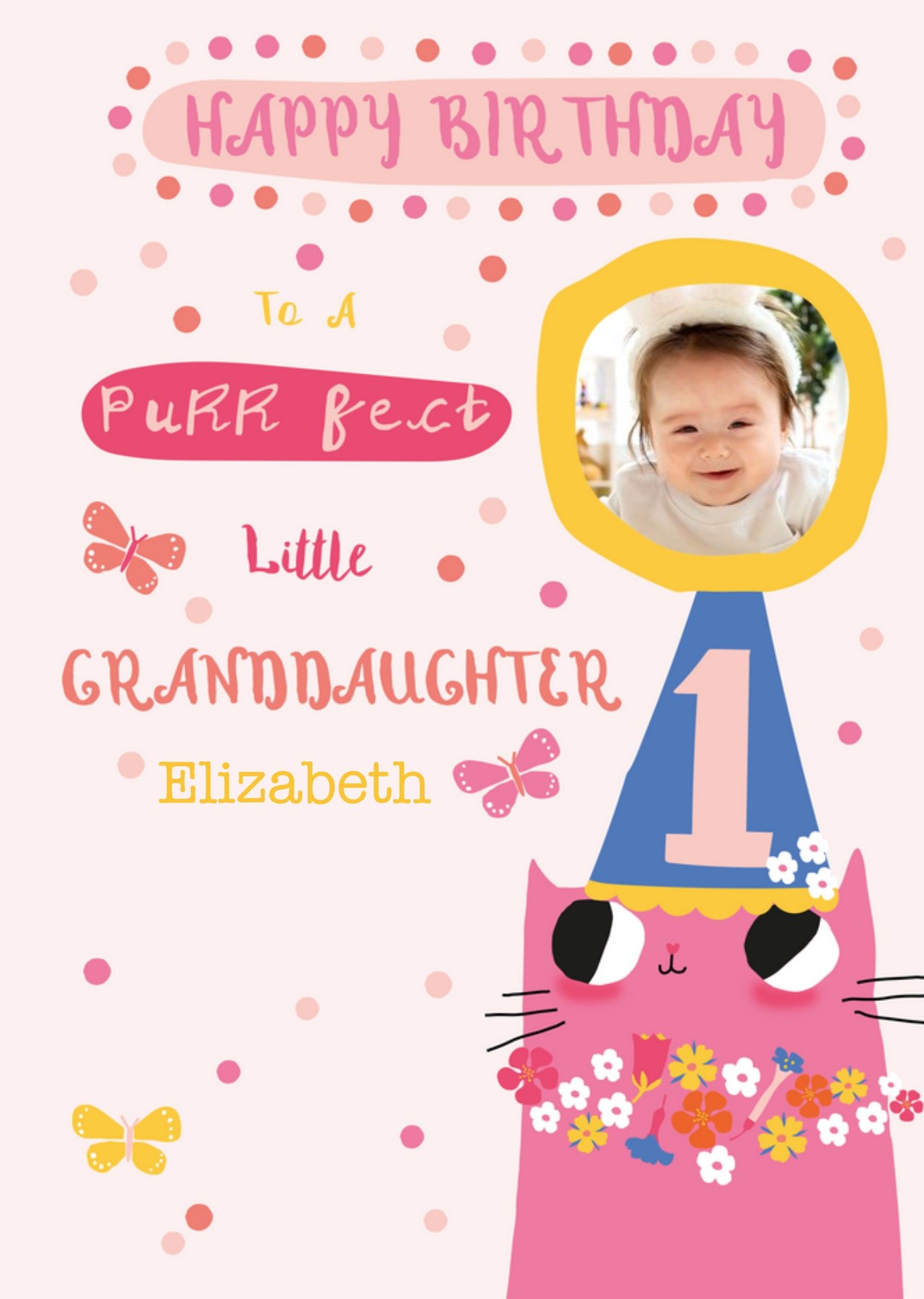 Pink Cat First Birthday Granddaughter Photo Upload Card Ecard