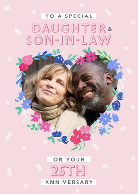Floral Heart Daughter And Son-In Law Photo Upload Anniversary Card
