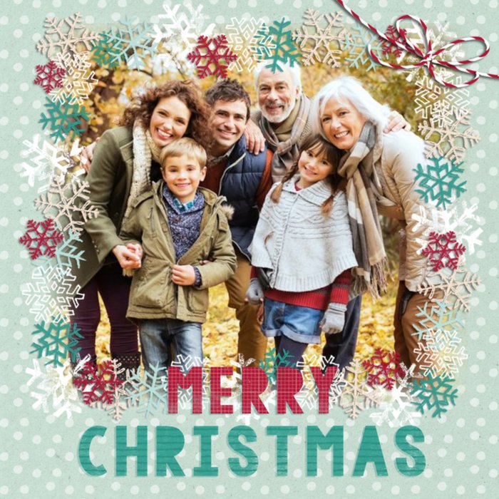 Green And Red Snowflakes Personalised Photo Upload Merry Christmas Card