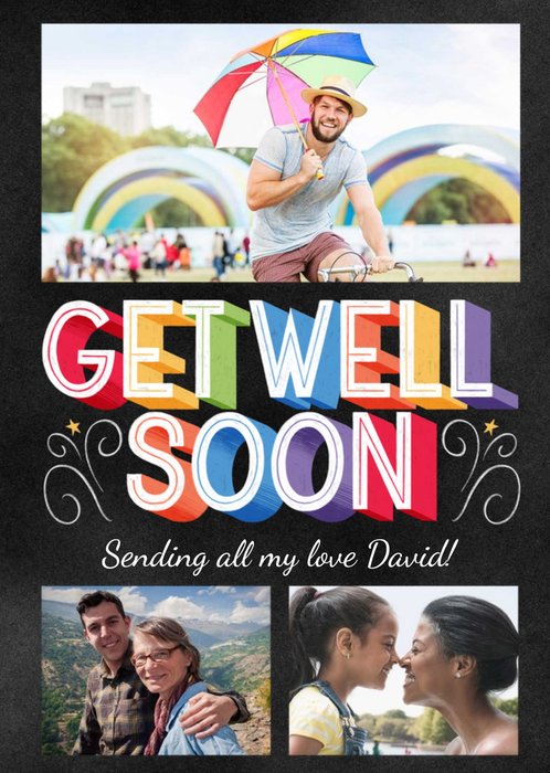 Colourful 3D Text With Three Photo Frames Get Well Soon Photo Upload Card