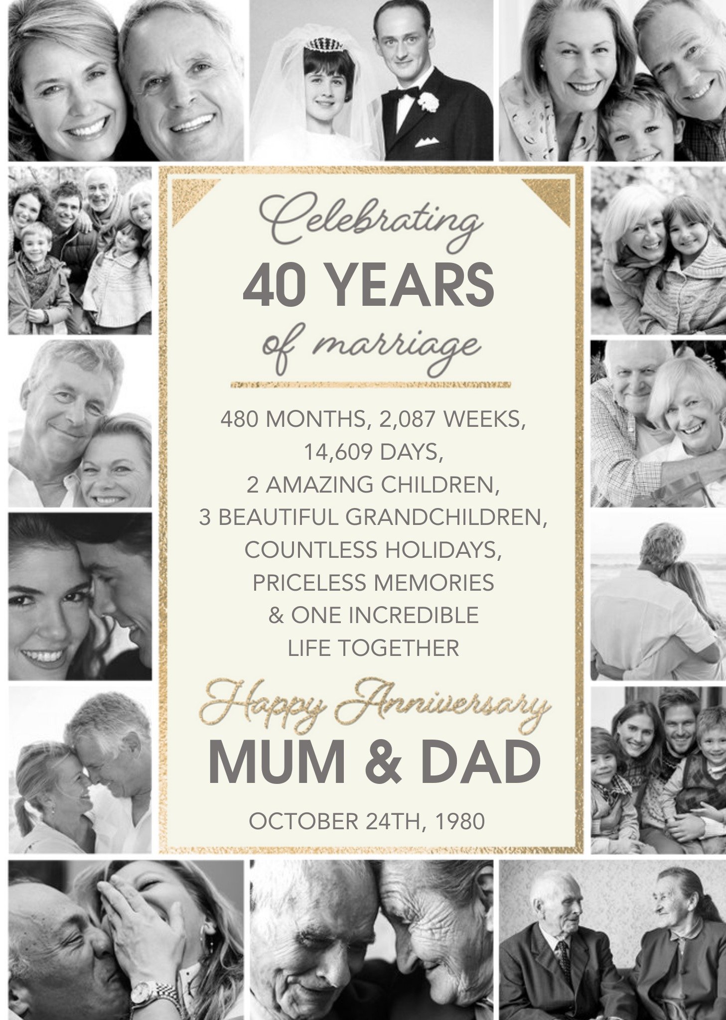 Mum And Dad Celebrating 40 Years Of Marriage Anniversary Multiple Photo Upload Card Ecard