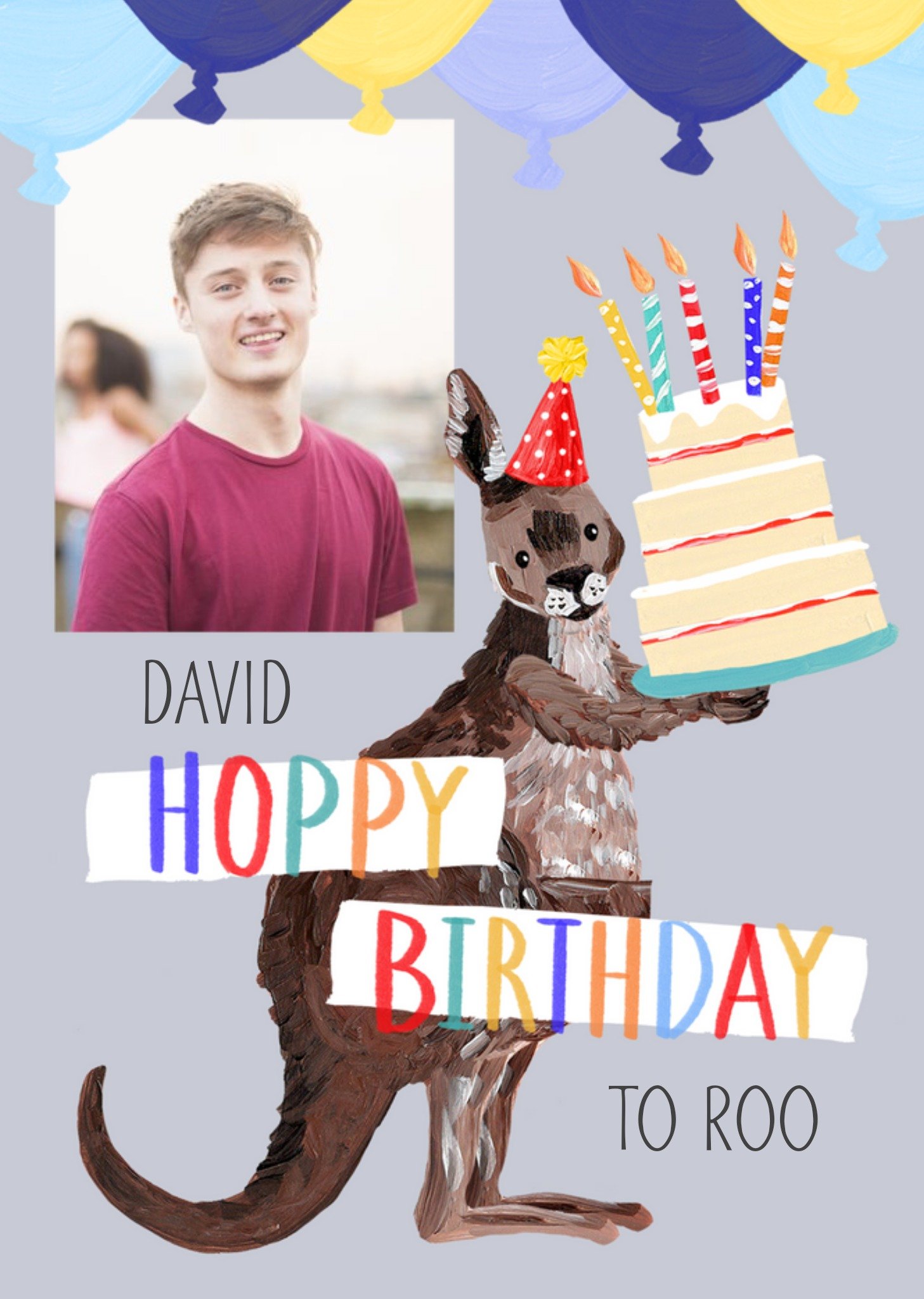 Okey Dokey Design Illustrated Kangaroo Customisable Photo Upload Birthday Card Ecard