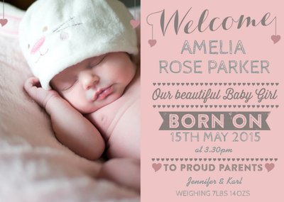 New Baby Announcement Landscape Pink Photo Card