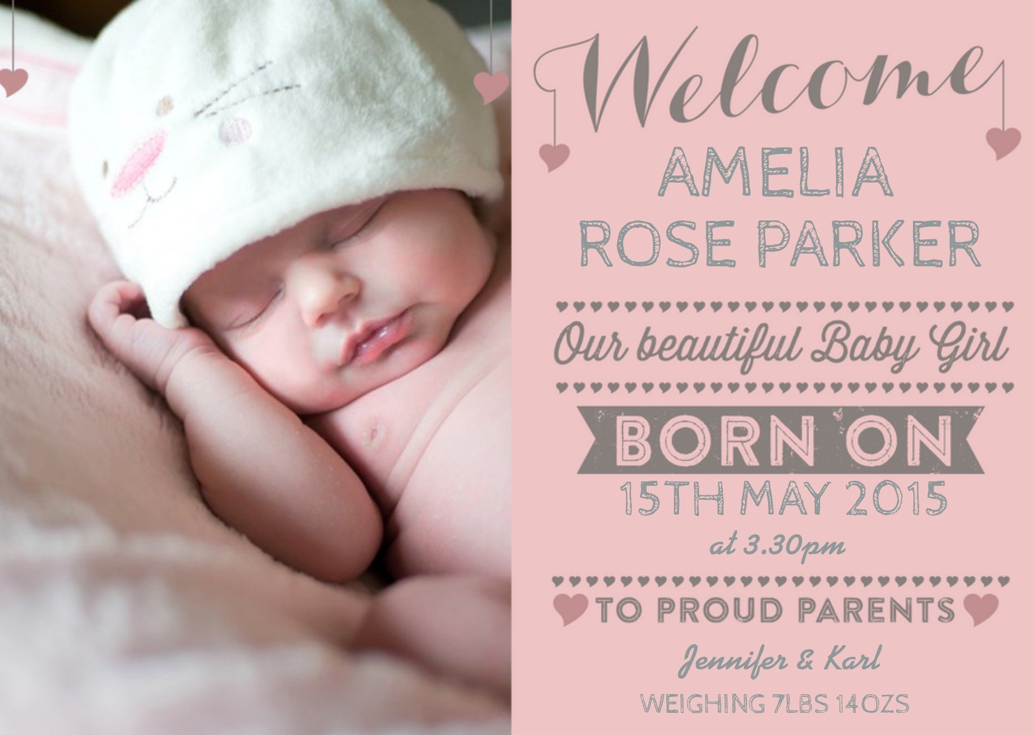 New Baby Announcement Landscape Pink Photo Card Ecard