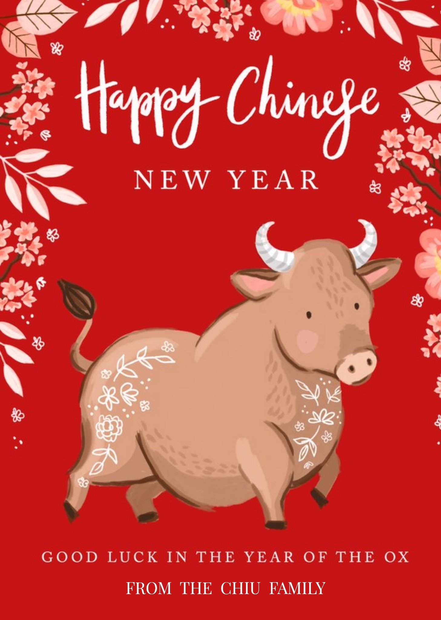 Okey Dokey Design Happy Chinese New Year Floral Ox Card Ecard