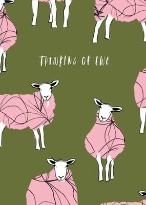 Illustrations Of Pink Sheep On A Green Background Thinking Of You Card