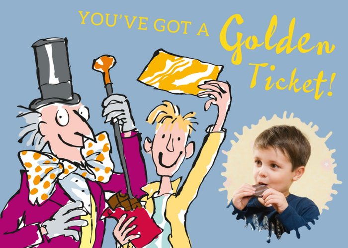 Roald Dahl Charlie And The Chocolate Factory Golden Ticket Personalised Photo Upload Greetings Card