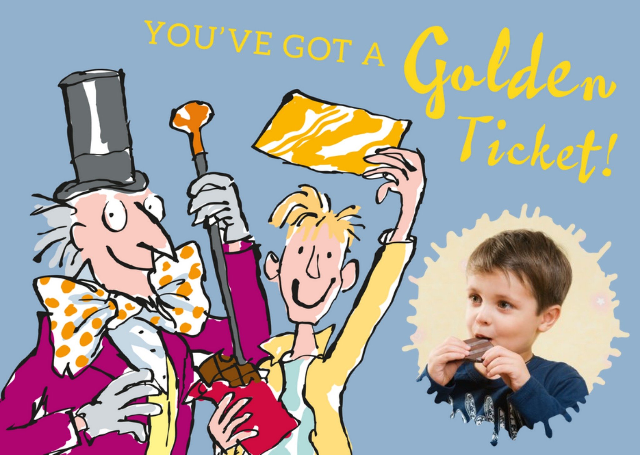 Other Roald Dahl Charlie And The Chocolate Factory Golden Ticket Personalised Photo Upload Greetings