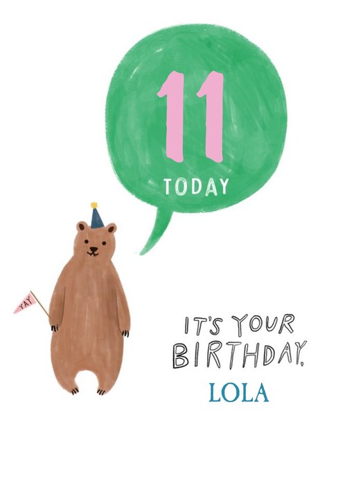 Illustration Of A Bear In A Party Hat Eleventh Birthday Card