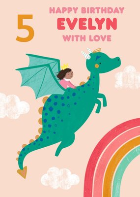 Cute illustrative Girl and Dragon Birthday Card