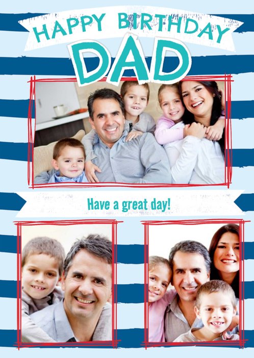Photo Frames With Red Borders On A Blue Striped Background Dad's Photo Upload Birthday Card