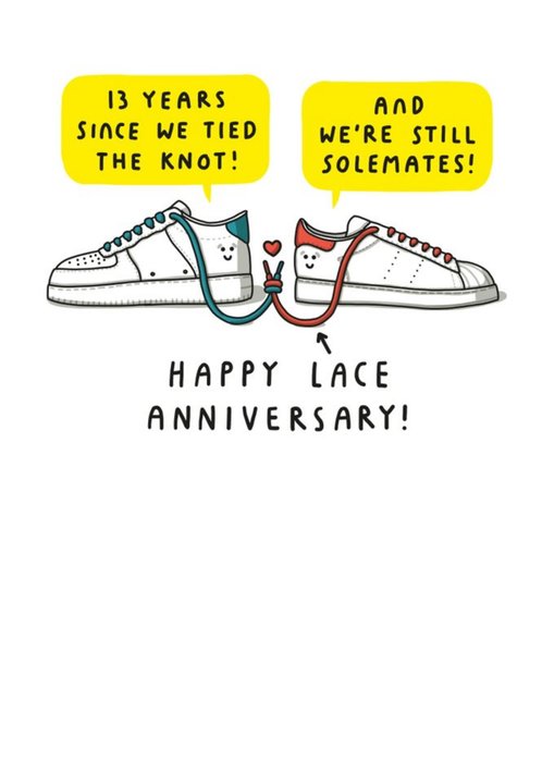 Pair Of Trainers Tying The Knot Cartoon Illustration Thirteenth Anniversary Funny Pun Card