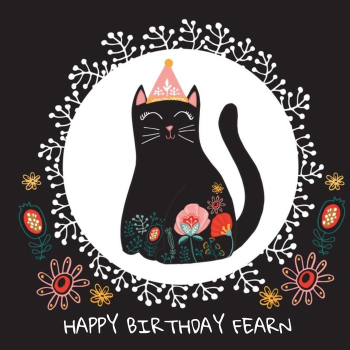 Black Kitty Cat Personalised Name Happy Birthday Card