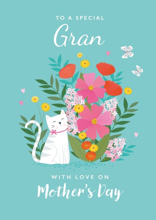 Illustrated Cat Flowers Special Gran Teal  Mothers Day Card