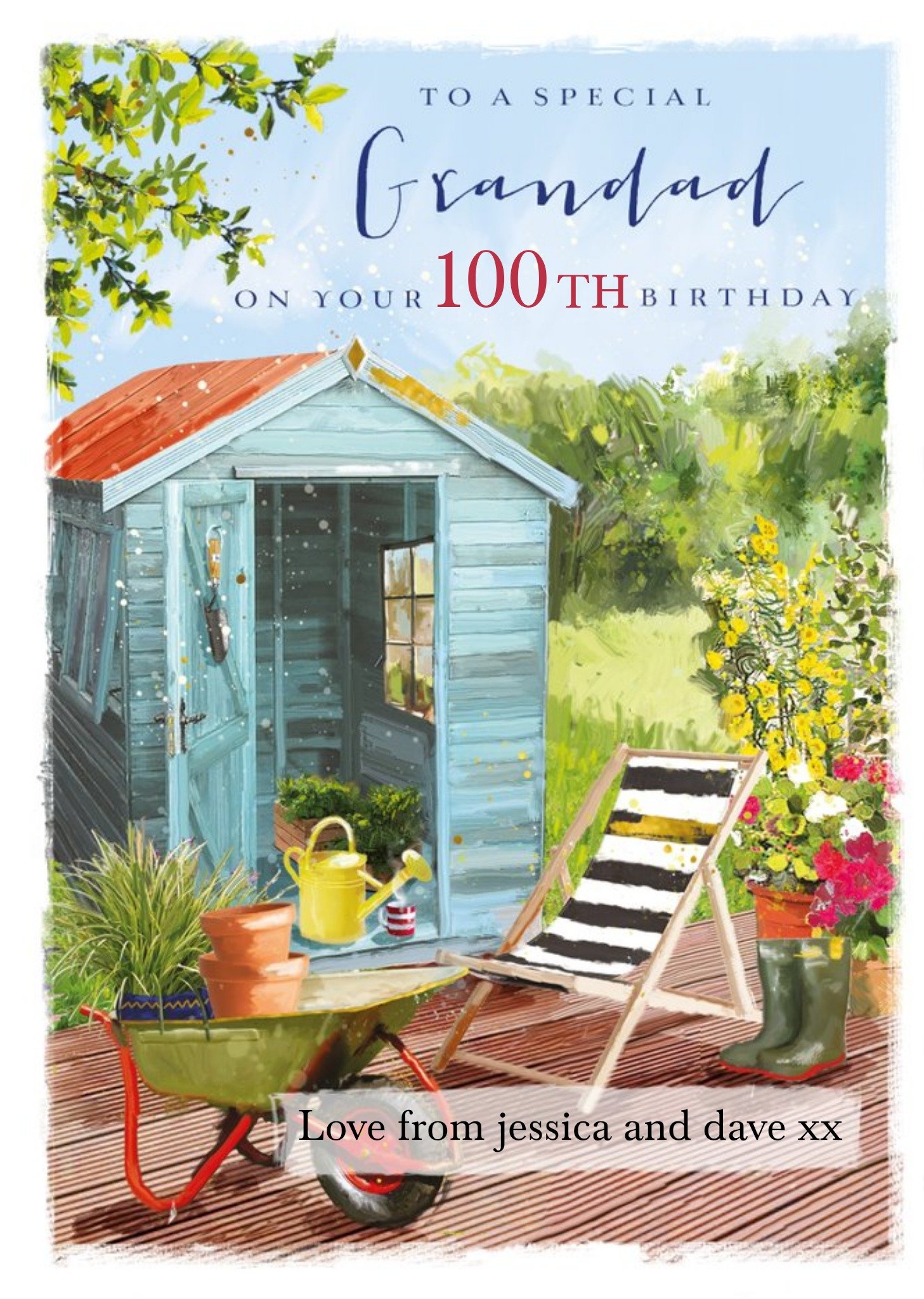Moonpig Illustration Of A Garden Scene Happy 100th Birthday Grandad Card Ecard