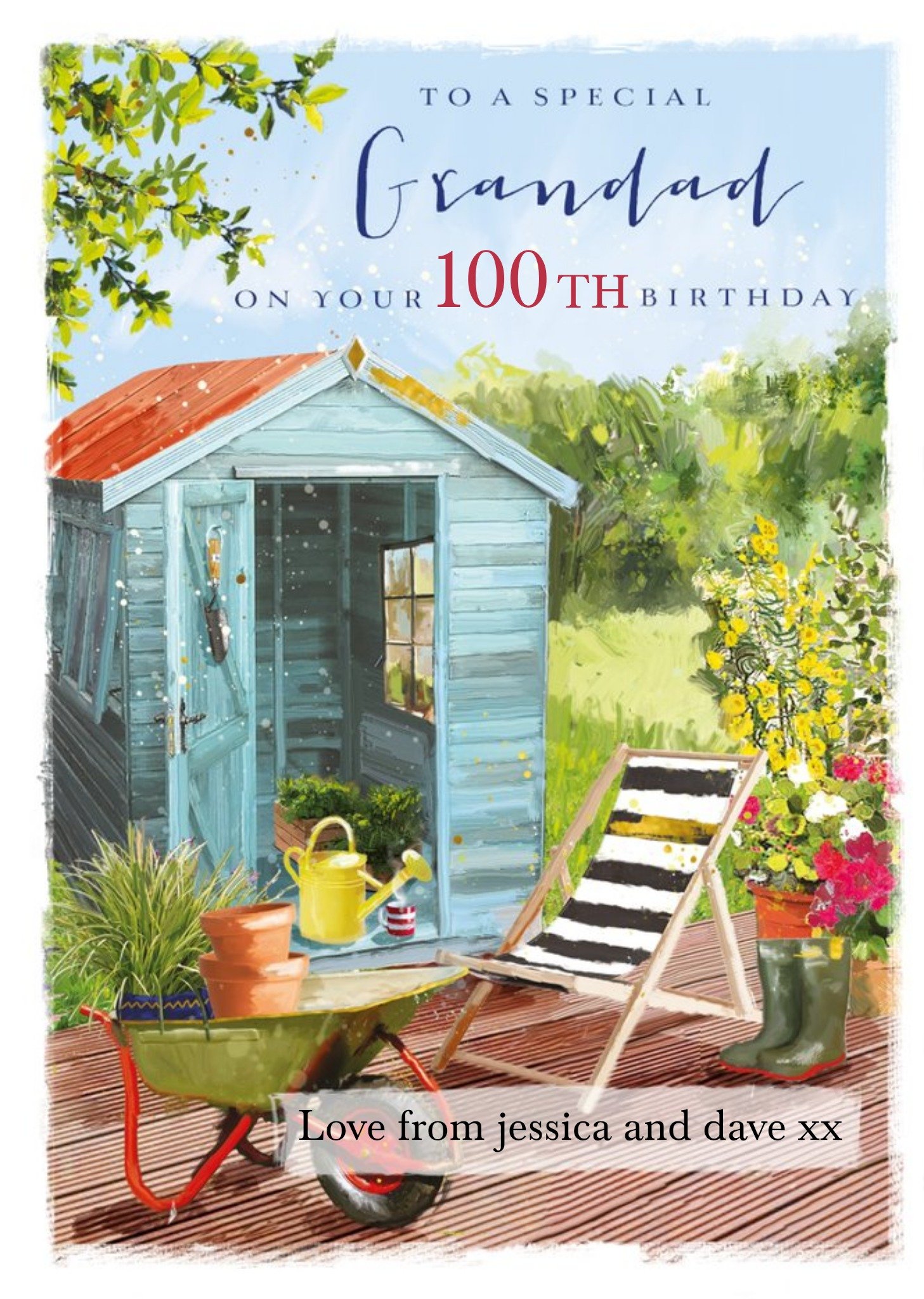 Illustration Of A Garden Scene Happy 100th Birthday Grandad Card Ecard