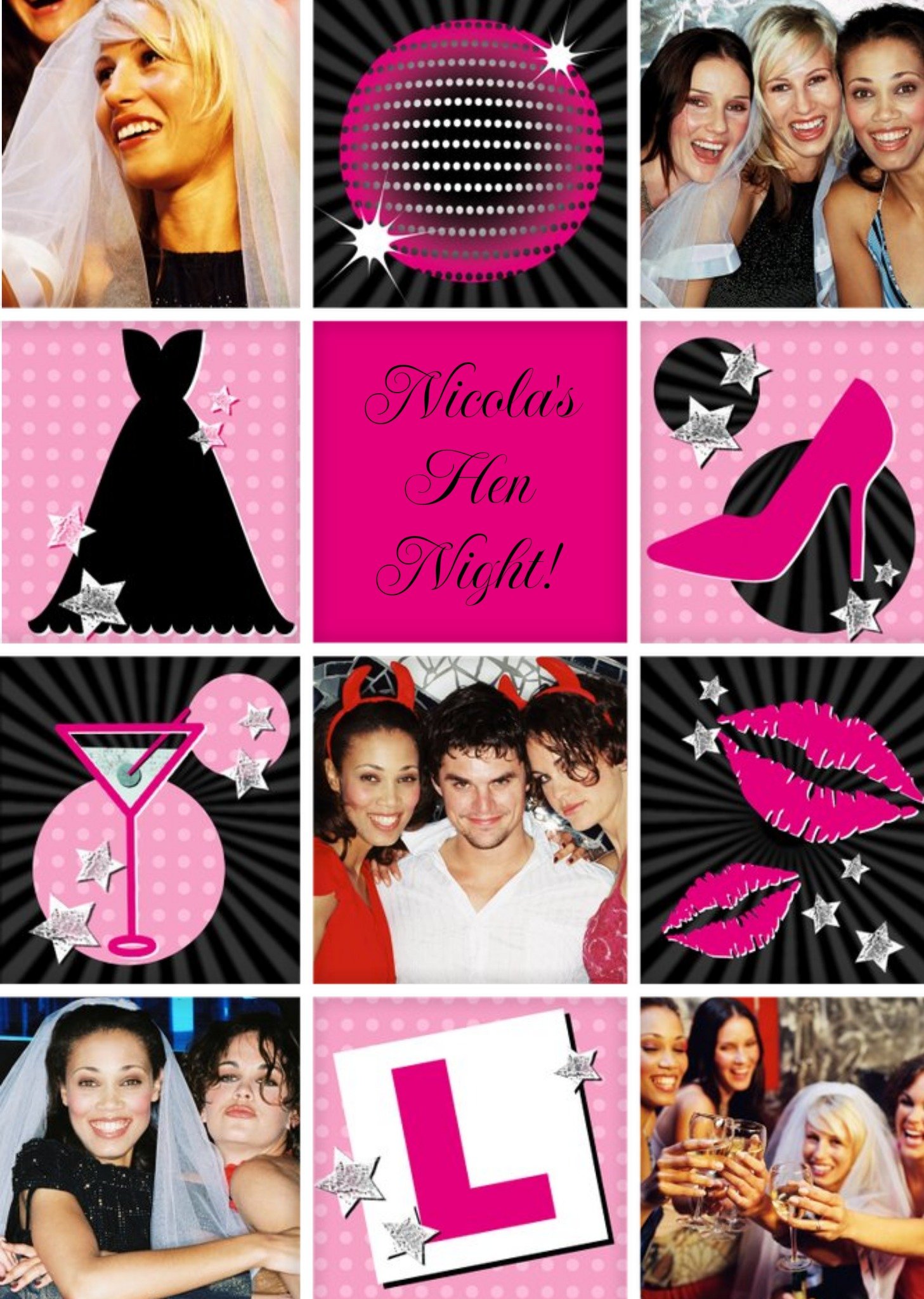 Moonpig Pink And Black Personalised Multi Photo Upload Hen Night Card Ecard