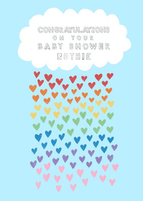 Katy Welsh Illustration of Cloud Raining Hearts Personalised Congratulations On Your Baby Shower Car